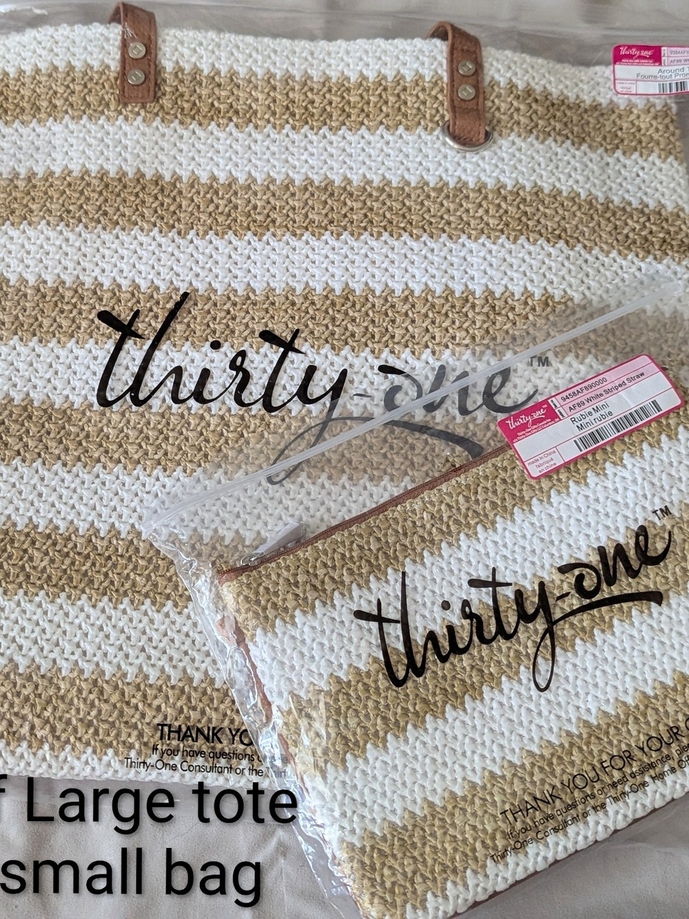 Thirty-One Striped Crochet Style Tote & Pouch Set in White & Straw, BNWT